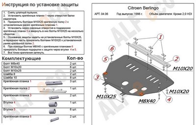 Защита картера и КПП (гибкая сталь) Citroen (ситроен) Berlingo (берлинго) I Кроме 2, 0 HDI (1996 -) ― PEARPLUS.ru