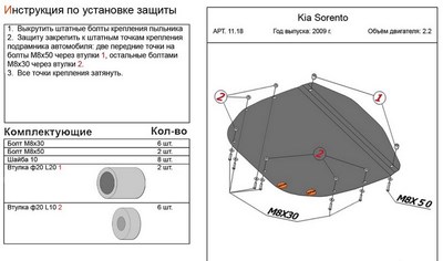 Защита картера и КПП (штампованная сталь) Kia Sorento 2,2 (2009-2012)