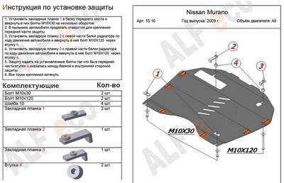 Защита картера и КПП (алюминий 4мм) Nissan (ниссан) Murano (мурано) все двигатели (2009-) ― PEARPLUS.ru