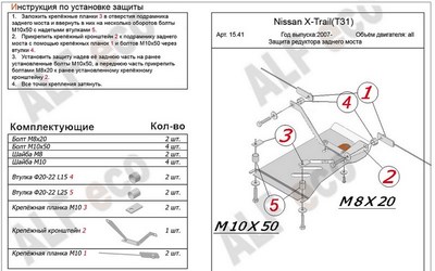 Защита Защита редуктора заднего моста (алюминий 4мм) Nissan (ниссан) Qashqai (кашкай +2) (кашкай) все двигатели (2007-) ― PEARPLUS.ru