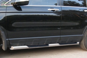 Боковые подножки(пороги) нержавеющая труба с противоскользящими накладками для ног 76мм с заглушкой из чёрного пластика Honda CR-V (2007-2010)