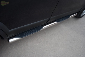 Боковые подножки (пороги) нержавеющая труба с противоскользящими накладками для ног 76мм с заглушкой из нержавеющей стали под углом 45 градусов Hyundai (хендай) Tucson (2003-2009) ― PEARPLUS.ru