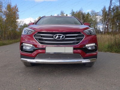 Защита передняя нижняя (овальная длинная с ДХО) ) 75х42 мм Hyundai (хендай) Santa Fe (санта фе) Premium 2015 ― PEARPLUS.ru