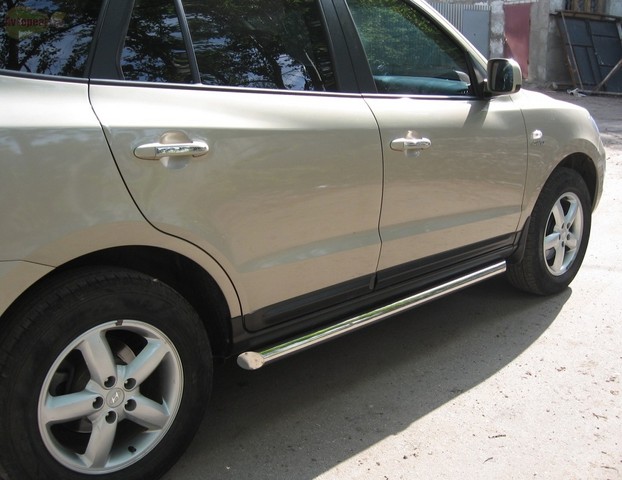 Боковые подножки(пороги) труба из нержавеющей стали 63мм с заглушкой в виде полушария из нержавеющей стали Hyundai Santa Fe (2006-2010)