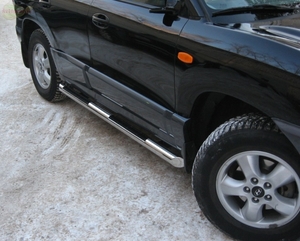 Боковые подножки(пороги) нержавеющая труба с противоскользящими накладками для ног 76мм с заглушкой из чёрного пластика Hyundai Santa Fe (2004-2006)