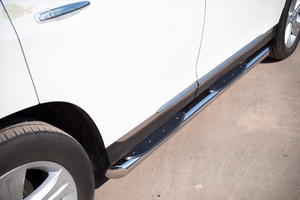 Боковые подножки(пороги) нержавеющая труба с противоскользящими накладками для ног 76мм с заглушкой из нержавеющей стали под углом 45 градусов Toyota Highlander (2010 по наст.)