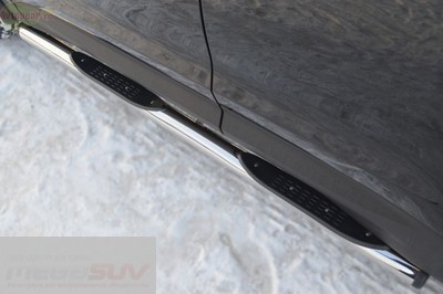 Боковые подножки-пороги труба из нержавеющей стали d76 с накладкой (заглушка из чёрного пластика) Hyundai Santa Fe (2012 по наст.)  