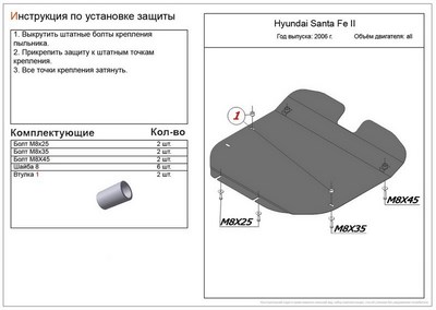 Защита картера Hyundai Santa Fe (Хёндай Санта Фе) (V-все, 2006-12)+ КПП SKU:214753qw