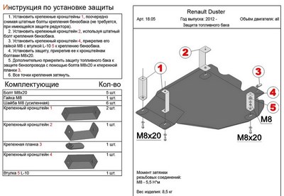 Защита Защита топливного бака (алюминий 5мм) Renault (рено) Duster все двигатели (2012-) ― PEARPLUS.ru