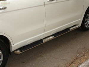 Боковые подножки(пороги) нержавеющая труба с противоскользящими накладками для ног 76мм с заглушкой в виде полушария из нержавеющей стали Honda CR-V (2011-2012)