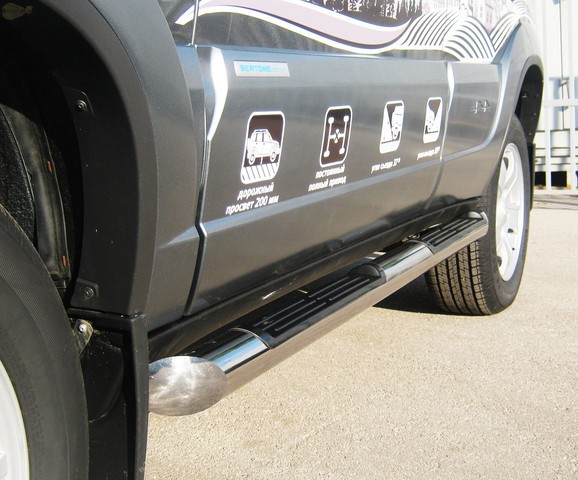 Боковые подножки(пороги) нержавеющая труба с противоскользящими накладками для ног 76мм с заглушкой из чёрного пластика Chevrolet Niva Berton (2010 по наст.)