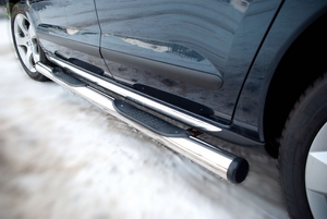 Боковые подножки (пороги) труба из нержавеющей стали 63мм c заглушкой из нержавеющей стали под углом 45 градусов Peugeot (пежо) 3008 (2008 по наст.) ― PEARPLUS.ru