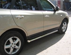 Боковые подножки(пороги) труба из нержавеющей стали 76мм с заглушкой из нержавеющей стали под углом 45 градусов Hyundai Santa Fe (2006-2010)