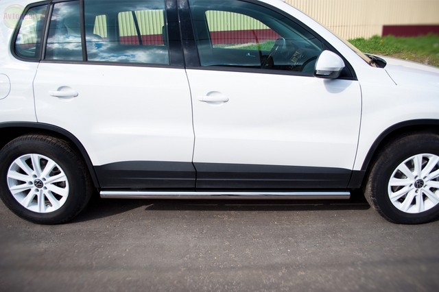 Боковые подножки(пороги) труба из нержавеющей стали 63мм с заглушкой в виде полушария из нержавеющей стали Volkswagen Tiguan (2011 по наст.)